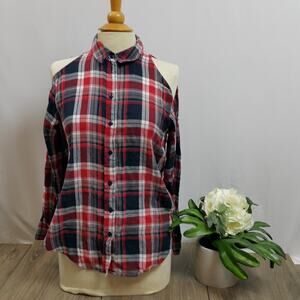 Asos XS red white and blue plaid shoulder cutout top sz 2